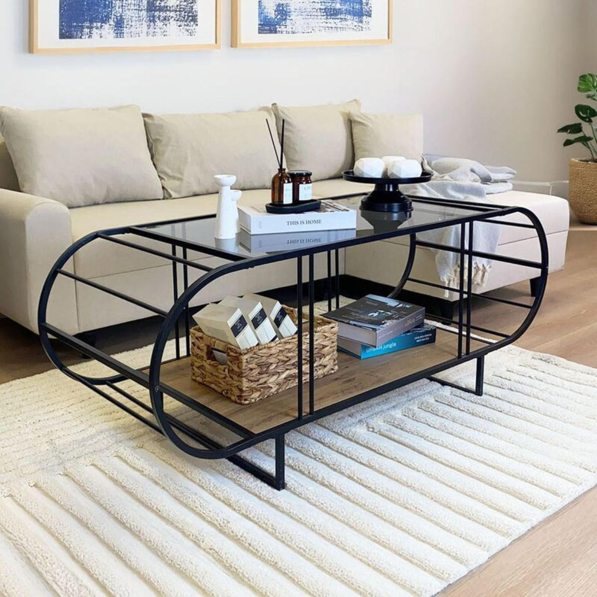 COUCHTISCH mit glasplatte, metall und atlantik-kiefer-optik 50/145/47 cm - Schwarz/Kieferfarben, Holzwerkstoff (13/50/47cm) - Calicosy