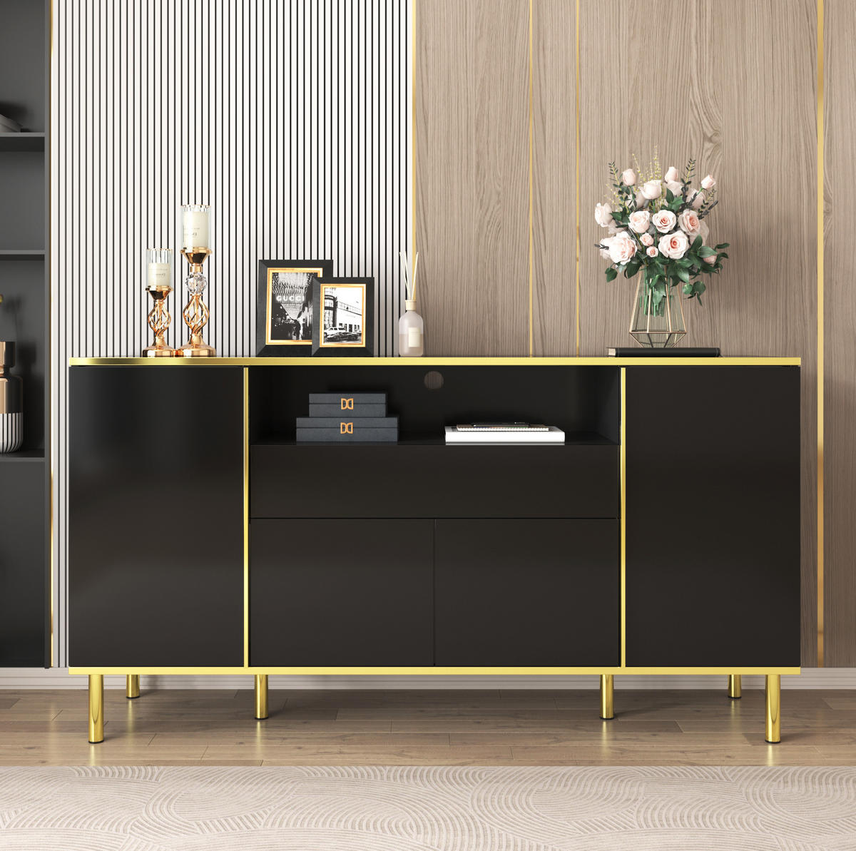 SIDEBOARD Hochglanz 150 x 40 x 80 cm Schwarz mit LED - Schwarz, Holzwerkstoff (150/80/40cm) - Meubliv