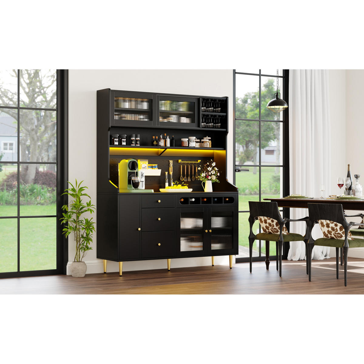KÜCHENSCHRANK 145x39x171 cm, LED-Beleuchtung, Schiebetüren, Weinregal, Schwarz - Schwarz, Holzwerkstoff (145/171/39cm) - FOHERE