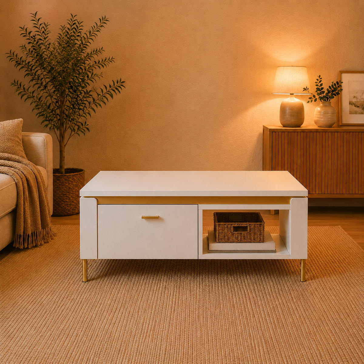 COUCHTISCH rechteckig Weiß matt - Gold mit Staufach und Ablage - Goldfarben/Weiß, Holzwerkstoff (65/110/46cm) - designimpex
