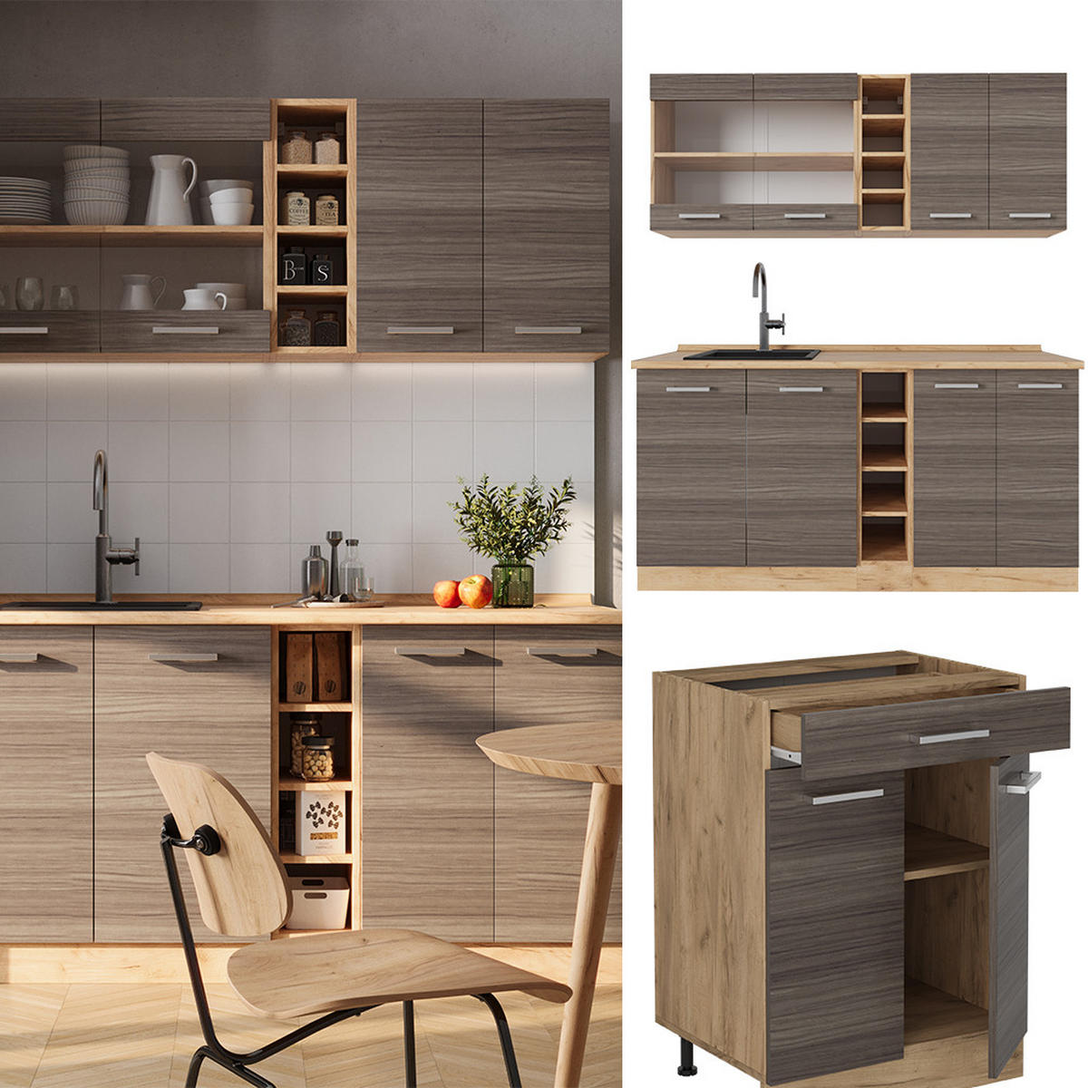 SINGLEKÜCHE R-Line Edelgrau/Goldkraft Eiche 160 cm ohne Arbeitsplatte - Honigeiche/Braun, Holzwerkstoff (160/81.6/46cm) - Vicco