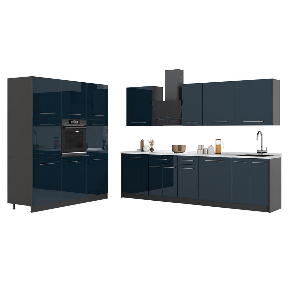 KÜCHENZEILE Fame-Line, Dunkelblau Hochglanz/Anthrazit, 460 cm, AP Marmor - Anthrazit/Dunkelblau, Holzwerkstoff (460/206.8/60cm) - Vicco