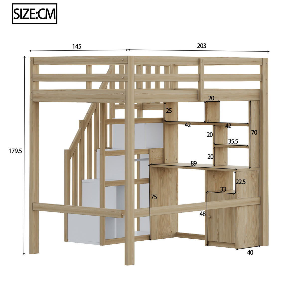 HOCHBETT 90/200 cm Naturholz mit Schreibtisch und Stauraum - Naturfarben, Holzwerkstoff (90/200cm) - OKWISH