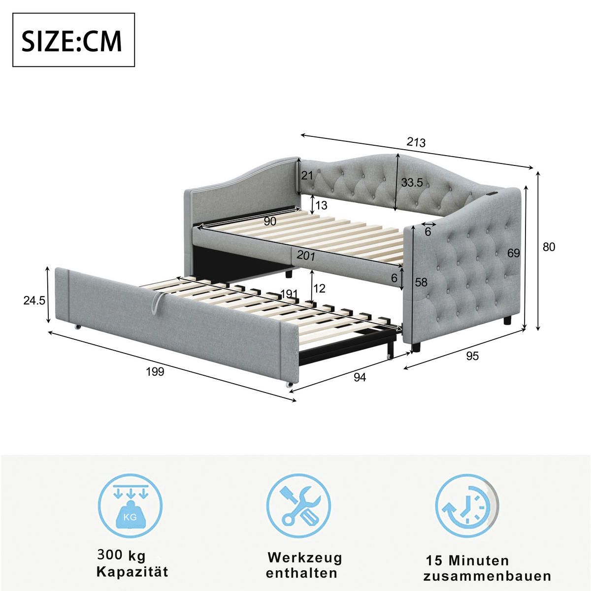 POLSTERBETT 90x200 cm Grau Schlafsofa USB Multifunktion Lattenrost - Grau, Holzwerkstoff - FLIEKS