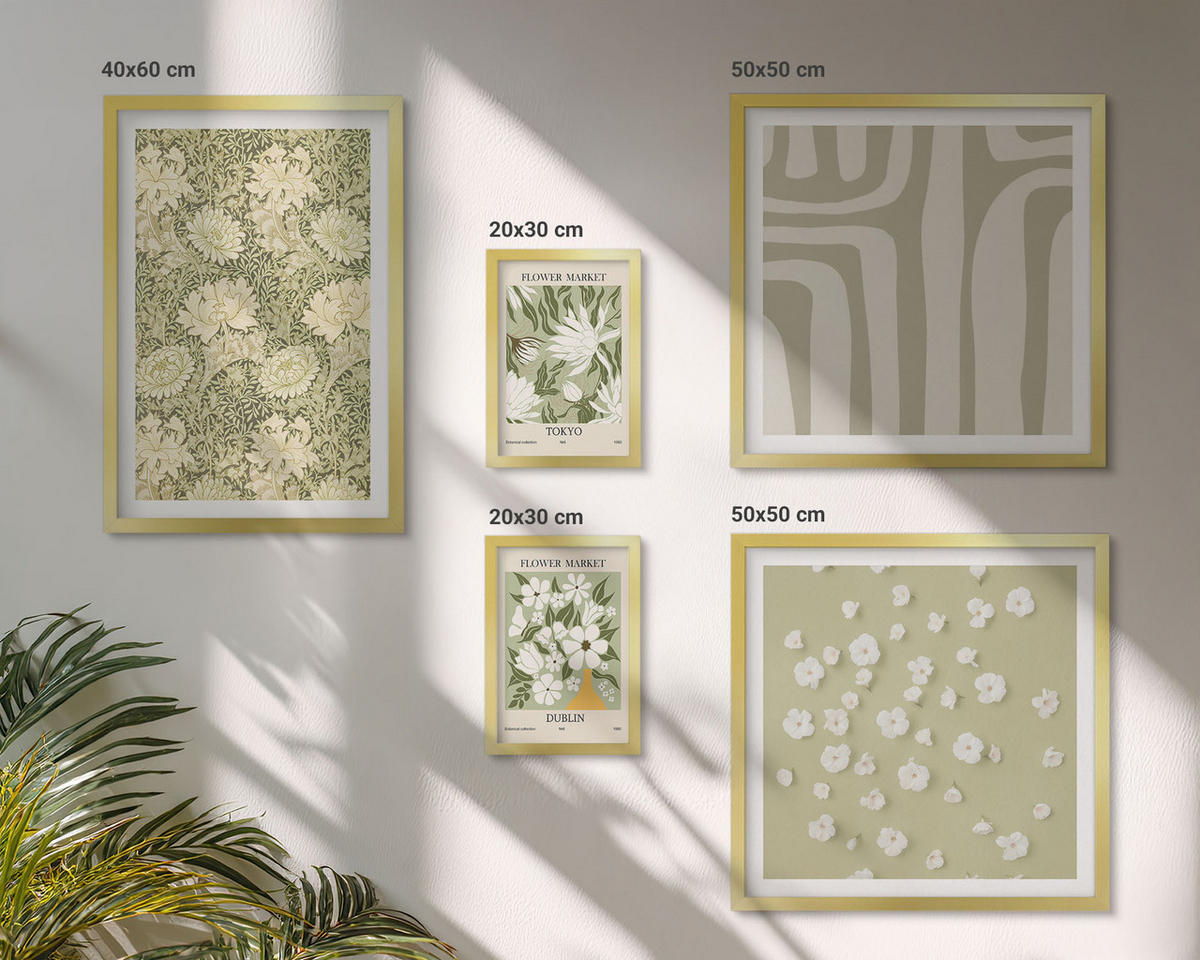BILDER SET 5er Set - 50x50 cm & 20x30 cm & 40x60 cm Goldrahmen - Boho-Pflanzenkompositionen in Pastellfarben - Goldfarben, Kunststoff (40/60cm) - TULUP