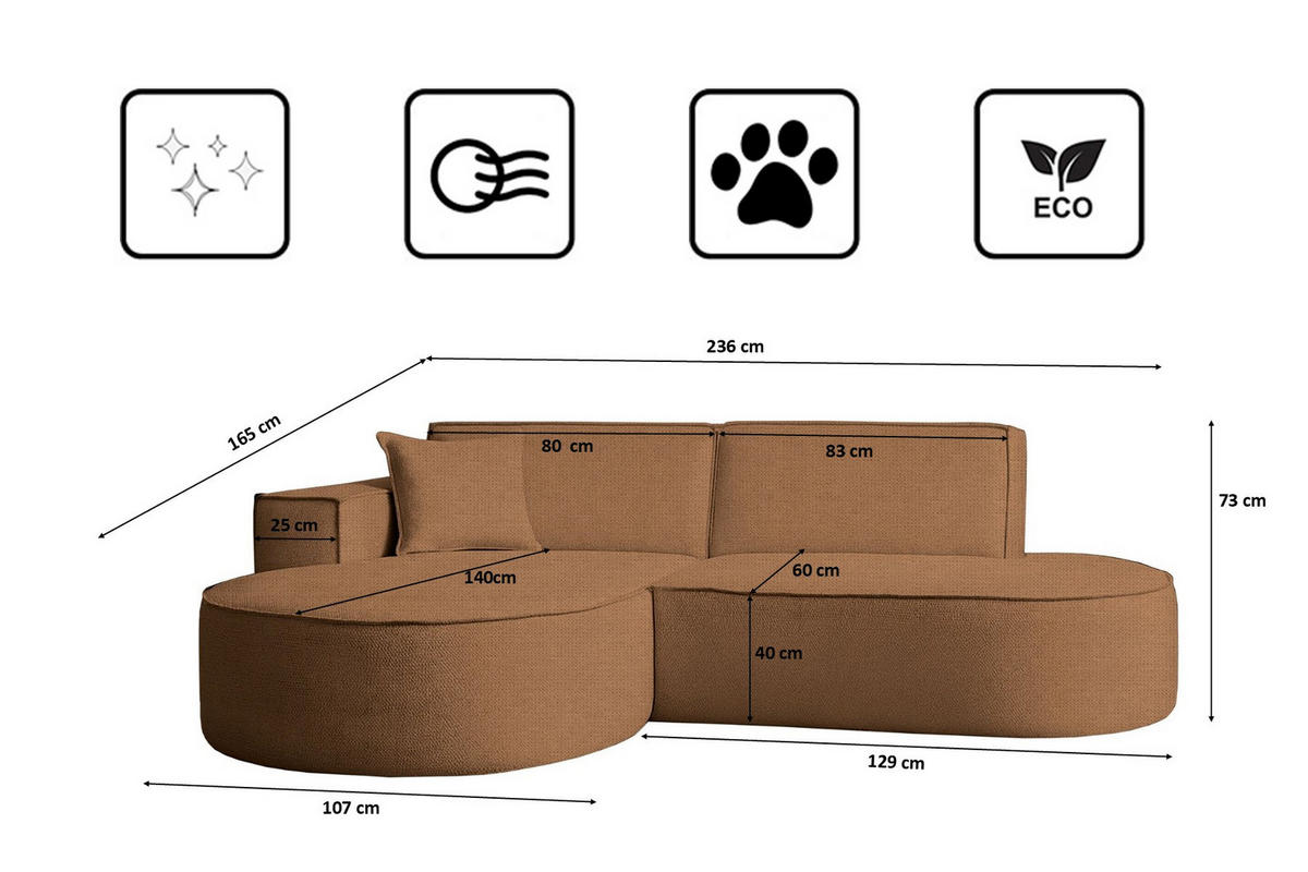 ECKSOFA Modena Studio Stoff Artico, Rust Links - Rostfarben, Holz/Textil (165/236cm) - Kaiser Möbel