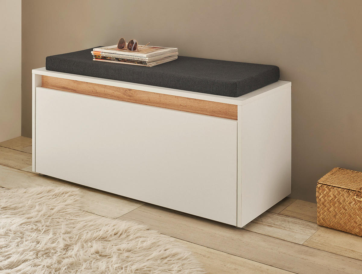 GARDEROBENBANK weiß, Eiche Wotan 100 cm, Schuhbank mit Sitzkissen - Silberfarben/Eiche Wotan, Holzwerkstoff/Kunststoff (100/45/40cm) - Furn.Design