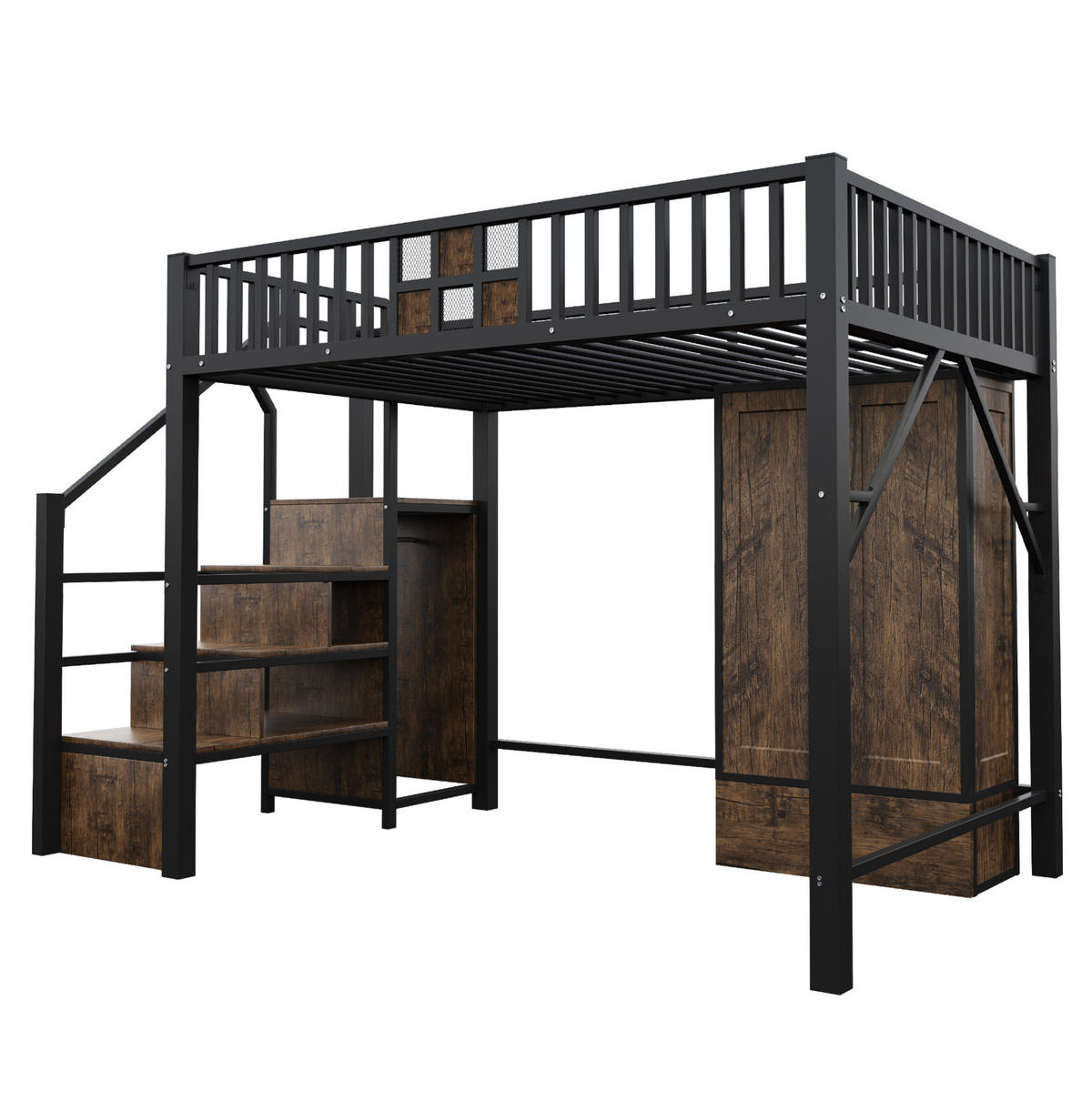 HOCHBETT 140/200 cm Schwarz mit großem Kleiderschrank und Schubladen - Schwarz, Metall (140/200cm) - OKWISH