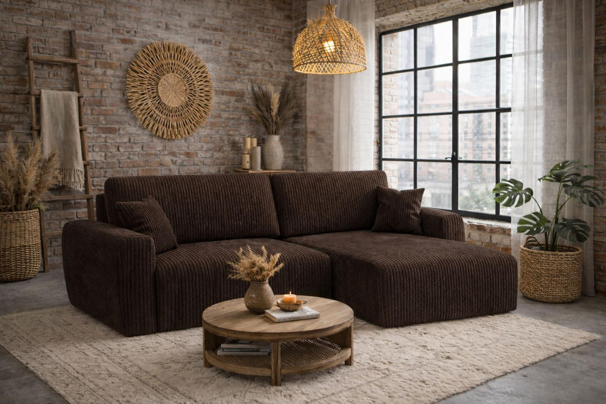 ECKSOFA Mit Schlaffunktion, Ariel XL, Cordstoff, Stoff Poso, Braun, Rechts - Braun, Holz (280/142cm) - Kaiser Möbel