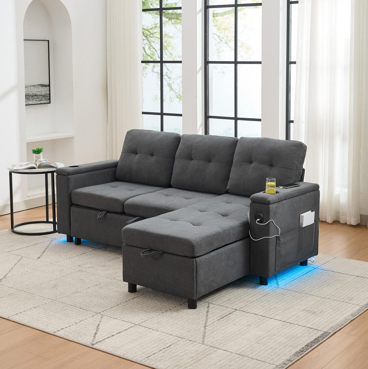 SCHLAFSOFA, Stoff mit Stauraum & LED-Lichtleiste, 208/146/89,5 cm, Grau - Grau, Textil (146/89.5/208cm) - Redom