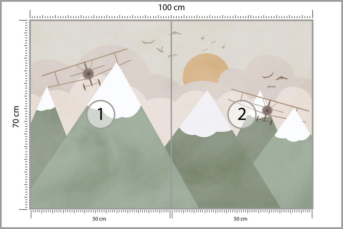 FOTOTAPETE für Kinderzimmer Berge Flugzeuge Wolken 100x70 - Beige/Orange, Papier (100/70cm) - Muralo
