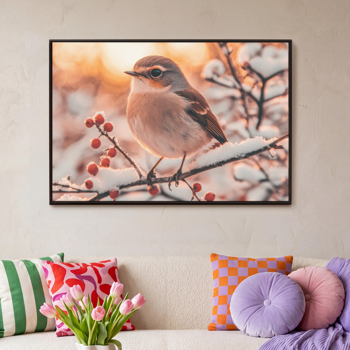 LEINWAND Bilder mit Rahmen - Vogel - Zweig - Winter - Tiere - Schnee - 90x60 - Bernsteinfarben, Textil (90/60cm) - MuchoWow