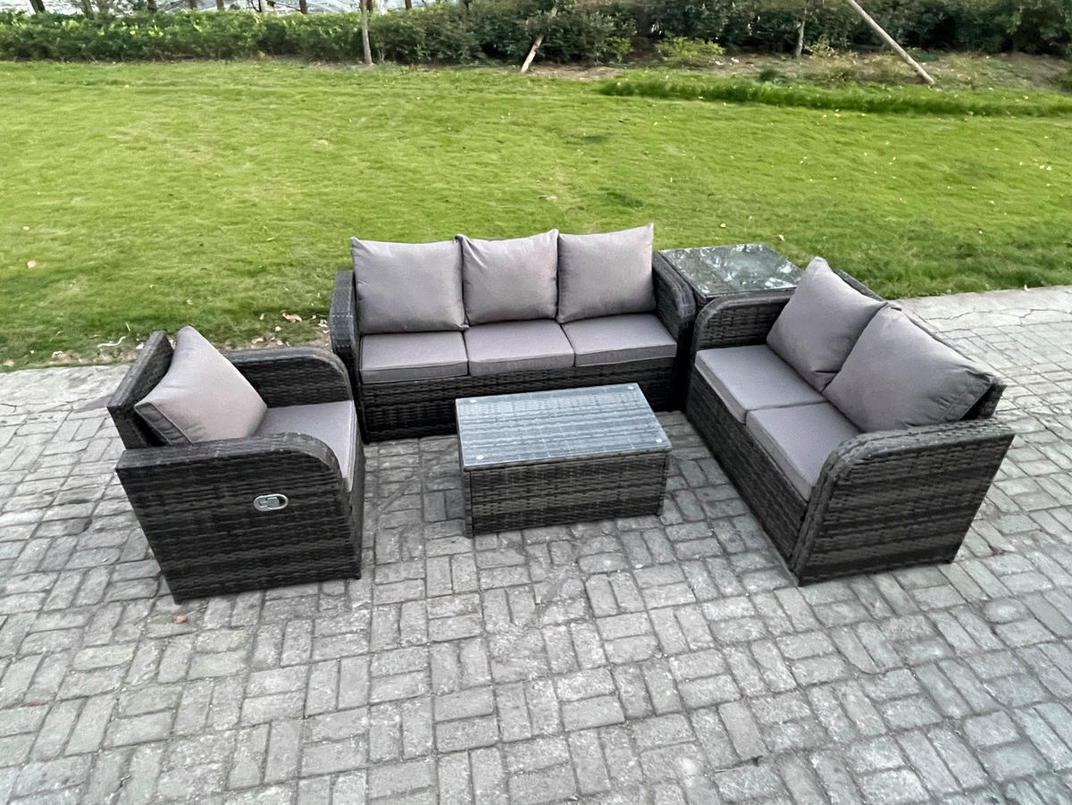 GARTENSET Polyrattan Dunkelgrau 6-Sitzer - Dunkelgrau/Grau, Glas/Kunststoff - Fimous