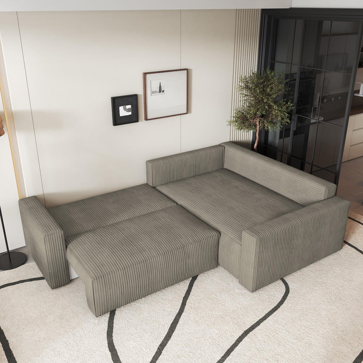 ECKSOFA ERONIS R-S Beige Kordstoff mit Schlaffunktion - Beige, Holz (265/194cm) - MASSENO