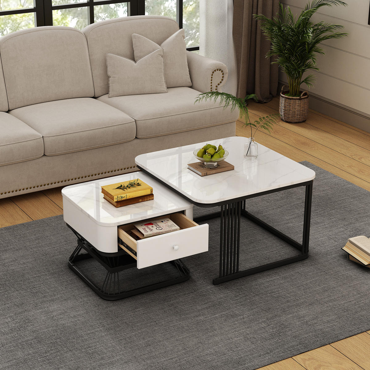 COUCHTISCH Set 70/70/45 cm und 50/50/40 cm Weiß + Schwarz mit 1 Schublade aus MDF und Metall - Weiß, Glas (70/70/45cm) - OKWISH