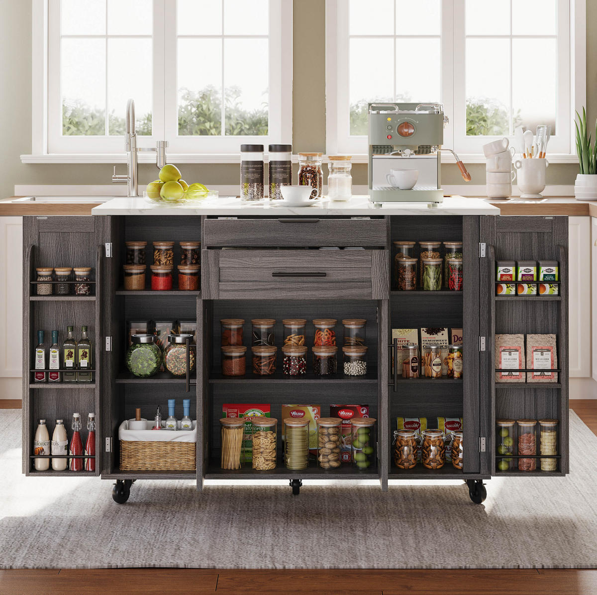 KÜCHENINSEL aus MDF 136x70x92 cm Grau mit ausziehbarer Arbeitsplatte, Rollen, versteckter Besteckschublade und Stauraum - Grau, Holzwerkstoff (136/92/70cm) - Modfu