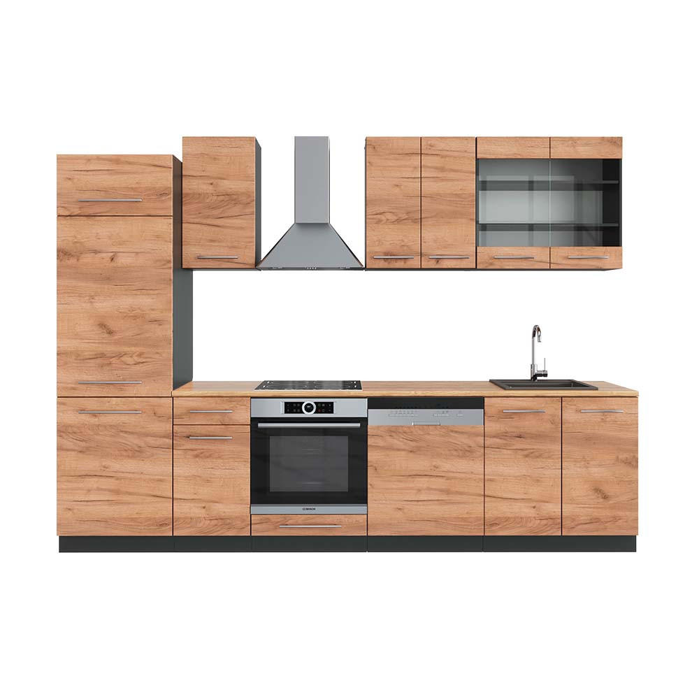 KÜCHENZEILE Fame-Line Goldkraft Eiche/Anthrazit 300 cm, AP Eiche - Anthrazit/Eiche Wotan, Holzwerkstoff (300/81.6/60cm) - Vicco