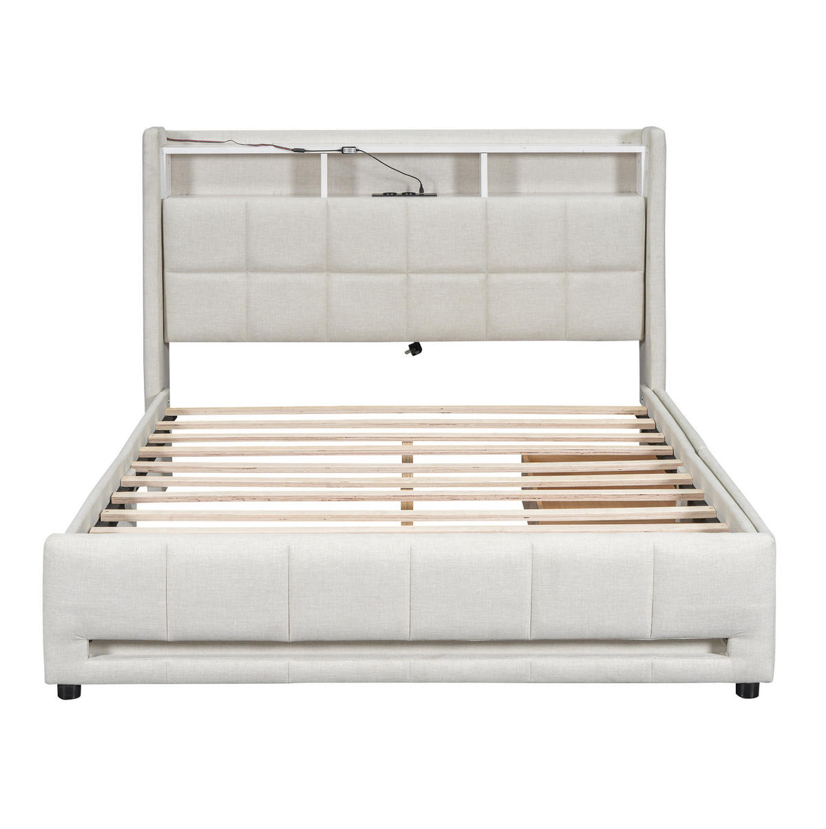 POLSTERBETT 140/200 cm Beige aus Leinen mit LED-Beleuchtung und Schubladen - Beige, Textil (140/200cm) - OKMYHOME