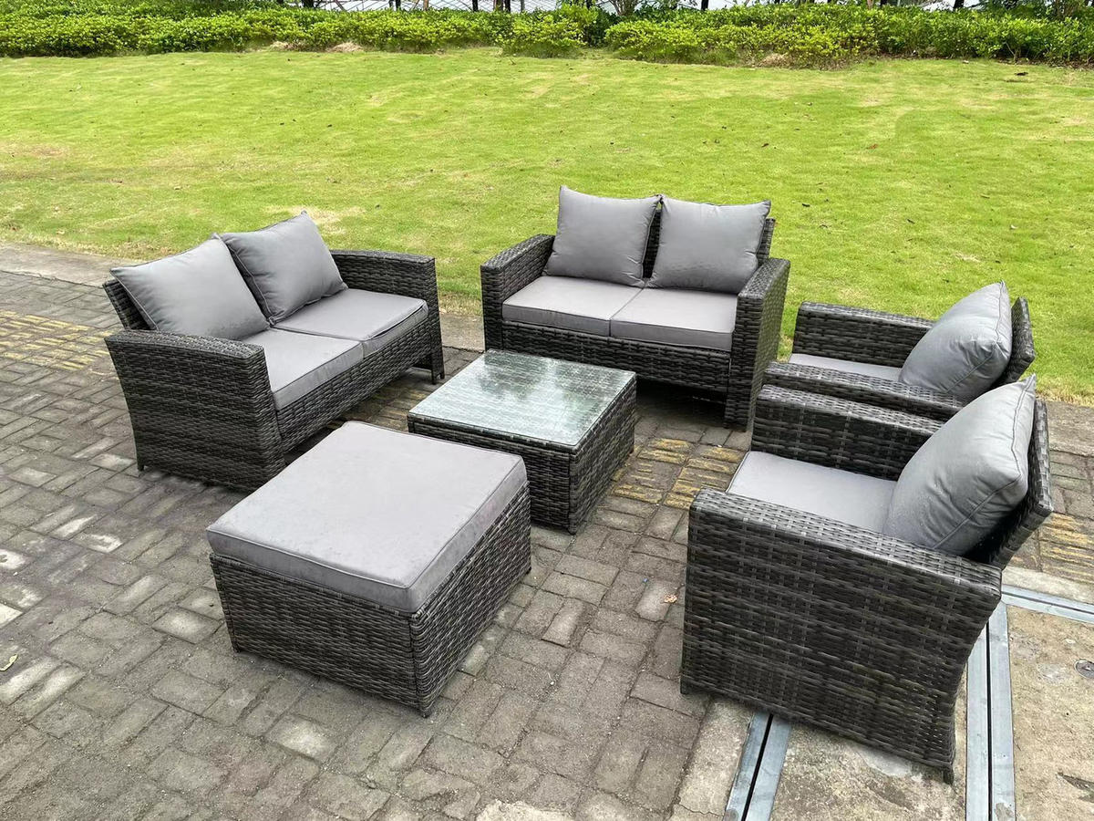 GARTENMÖBEL Set Polyrattan Dunkelgrau 7-Sitzer - Dunkelgrau, Metall - Fimous