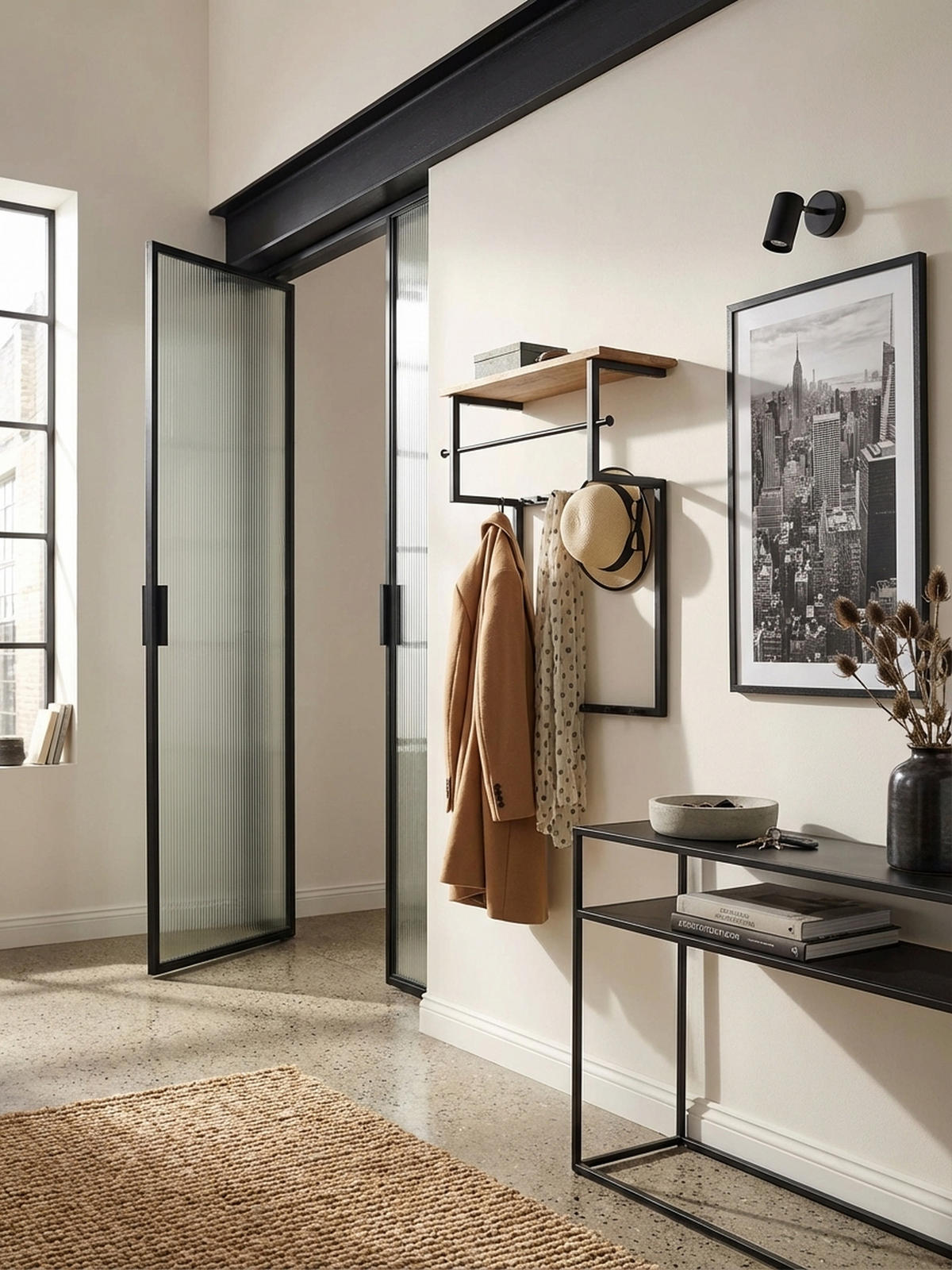 WANDGARDEROBE Massivholz Metall Modern mit 10 Haken, Kleiderstange und Ablage - Schwarz, Holz/Metall (60/76/26cm) - KADIMA DESIGN