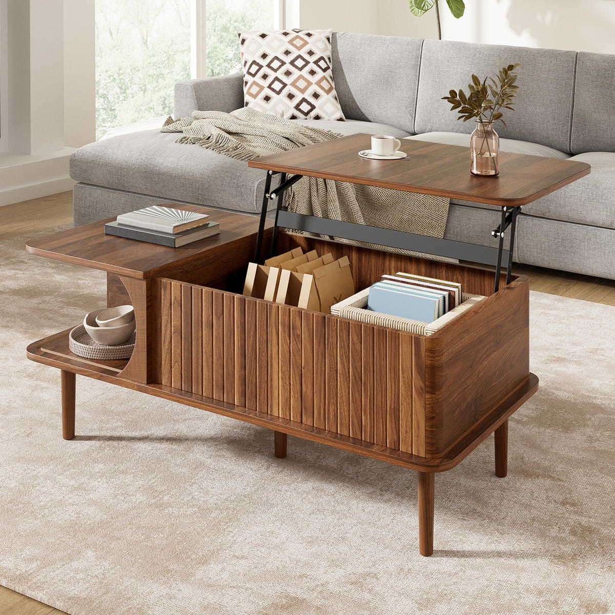 COUCHTISCH Retro Walnuss höhenverstellbar Rillen modern - Walnussfarben, Holzwerkstoff (100/48/55.5cm) - FLIEKS