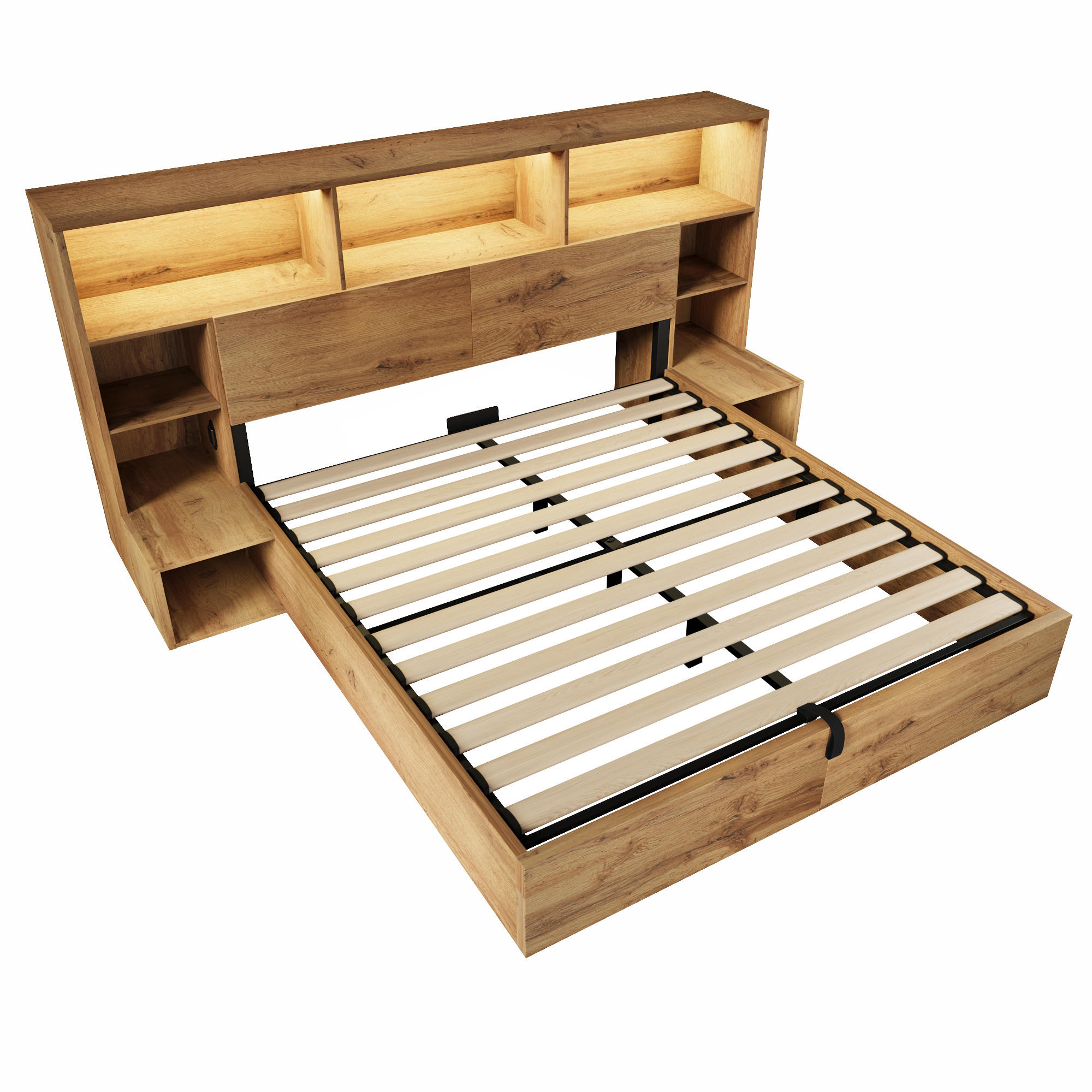 STAURAUMBETT 160/200 cm DE-00801, in Eiche, Hydraulik und Nachttischen - Eichefarben, Holz (160/200cm) - ComfortXL