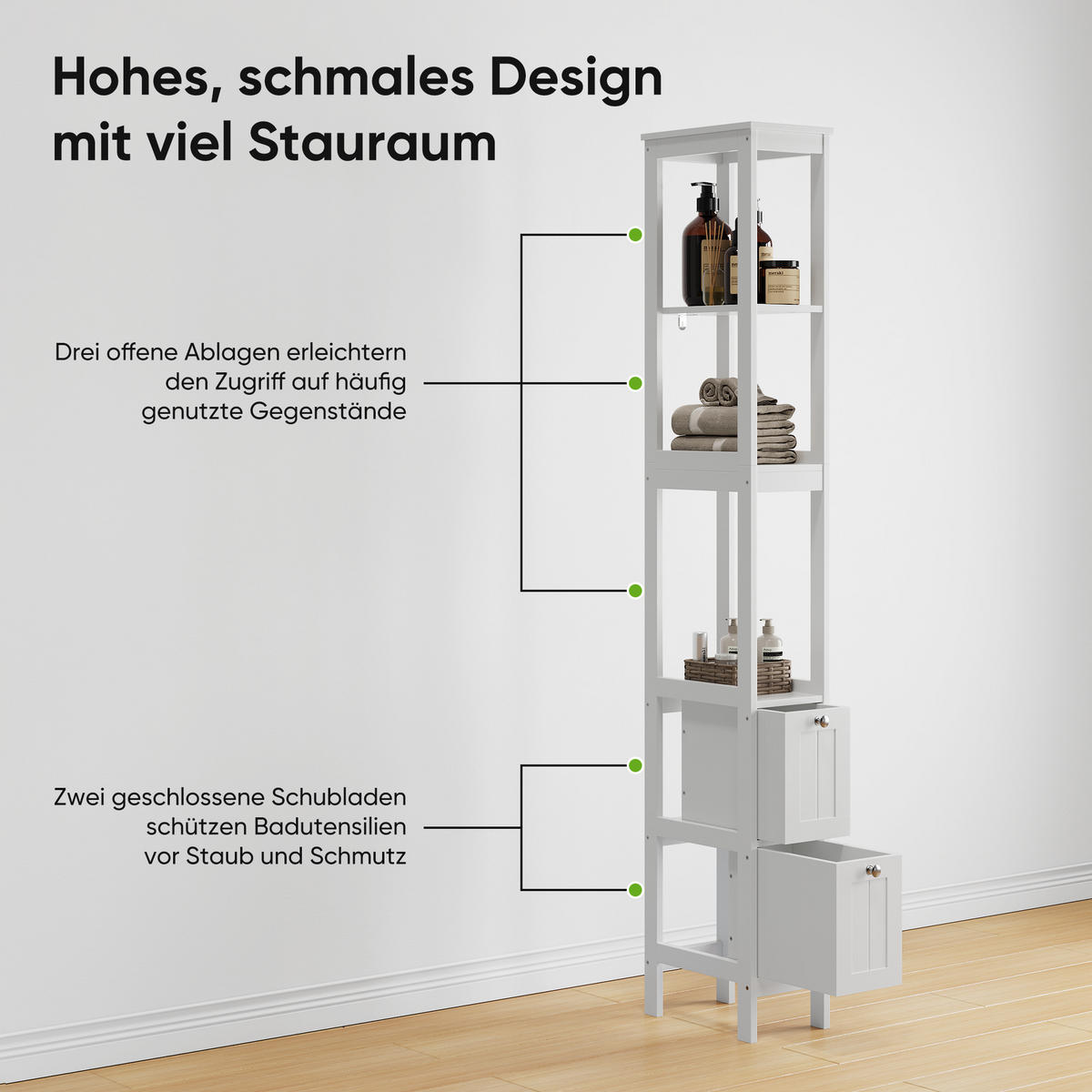 HOCHSCHRANK mit 2 Schubladen und 3 offenen Fächern, 20/30/160 cm, Weiß - Weiß, Holzwerkstoff (20/160/30cm) - Redom