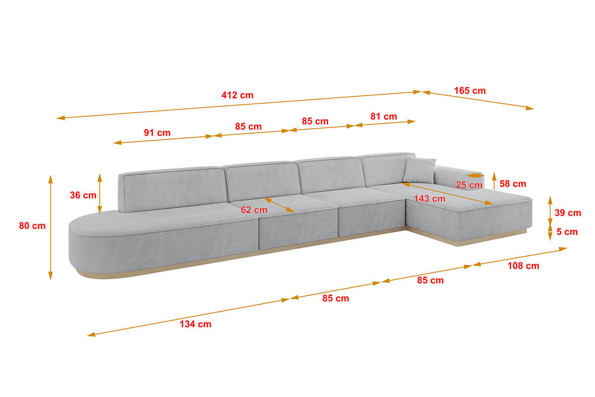 ECKSOFA Ottomane Rechts IREA-L3 - 412x165x80 cm Grau - Grau, Holzwerkstoff/Textil (412/165cm) - ALTDECOR