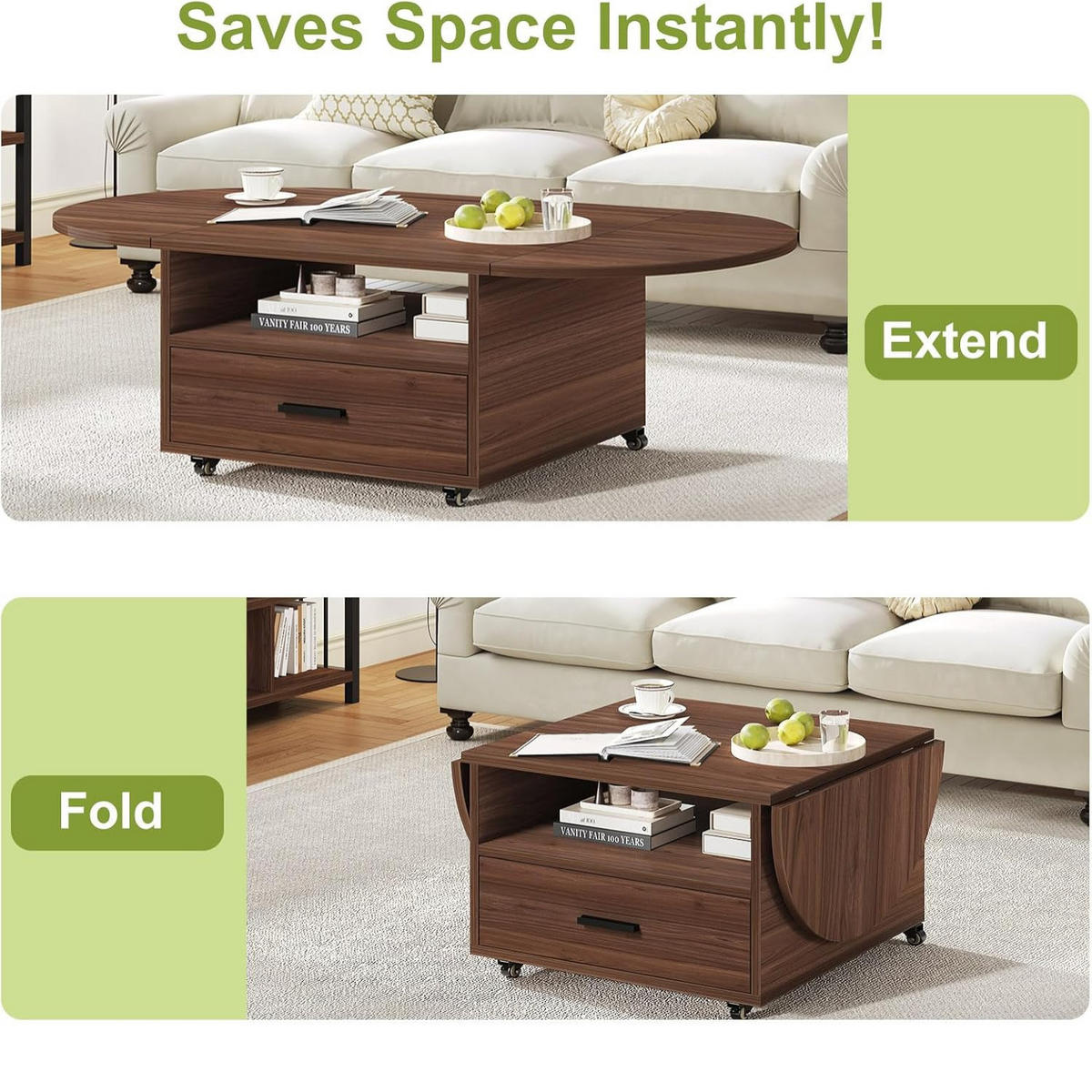 COUCHTISCH Wohnzimmertisch mit Stauraum 120 x 60 x 45 cm Klappplatte - Walnussfarben, Holzwerkstoff/Metall (120/120/45cm) - Quality Elegance