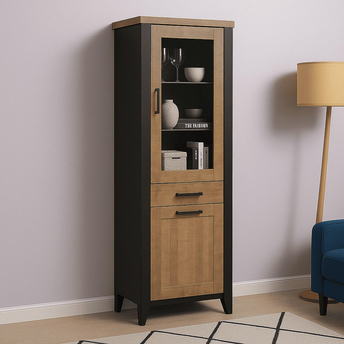 VITRINE mit 2 türen, davon 1 mit gehärtetem glas, und 1 schublade - emile 70/45/195 cm - Eichefarben, Holzwerkstoff (70/70/195cm) - ebuy24