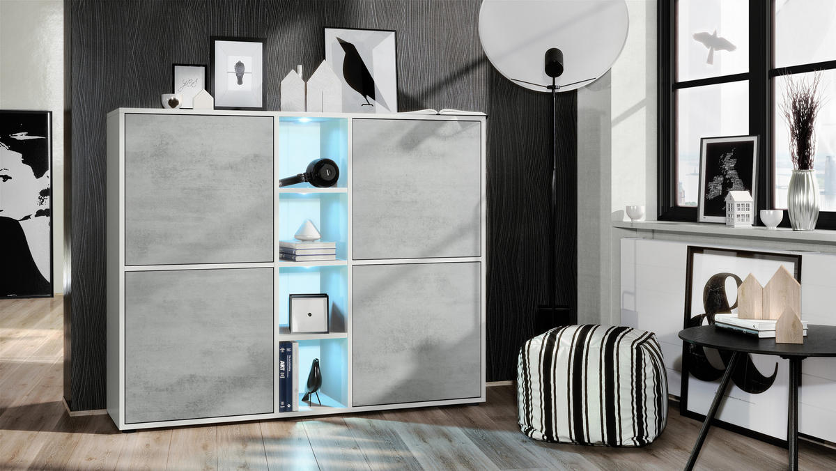 HIGHBOARD Cuba Türen in Beton Oxid Optik - Hellgrau, Holzwerkstoff (130.5/105.5/35.5cm) - Vladon