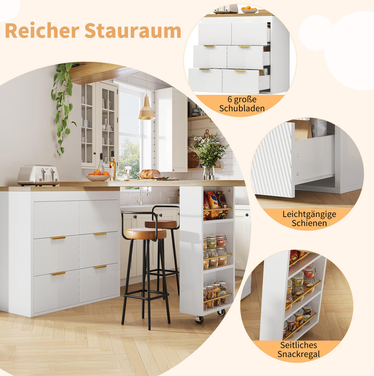 BARTISCH 128-203/39/90 cm in Weiß mit 6 Schubladen und drehbaren Modulen - Weiß, Holzwerkstoff (39/203/90cm) - BEAOK