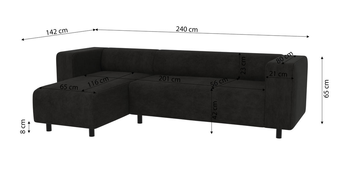 ECKSOFA Tove Schwarz Cord - Ottomane links - Schwarz, Holz/Kunststoff (240/142cm) - S-Style Möbel
