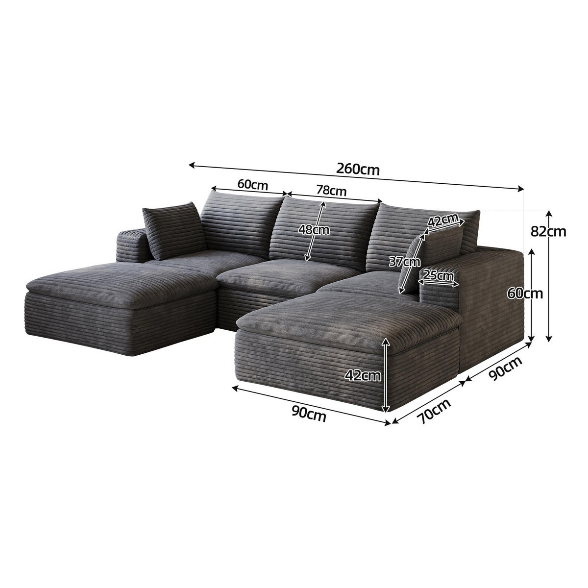 WOHNLANDSCHAFT DE-34773 3-Sitzer mit abnehmbare Polsterung Dunkelgrau - Dunkelgrau, Textil (160/60/260cm) - ComfortXL