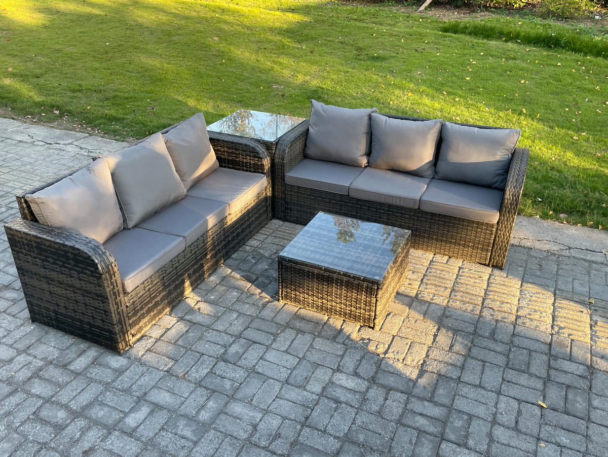GARTENTISCHGRUPPE Polyrattan Dunkelgrau 4-teilige - Dunkelgrau/Grau, Glas/Kunststoff - Fimous
