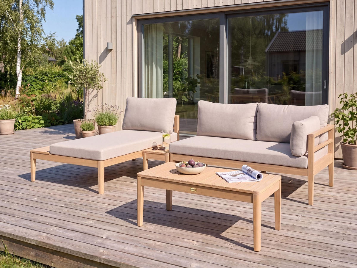 LOUNGE-SET mit Tisch 3-Sitzer Akazienholz Hellbraun Talla - Hellbraun/Beige, Holz - Beliani