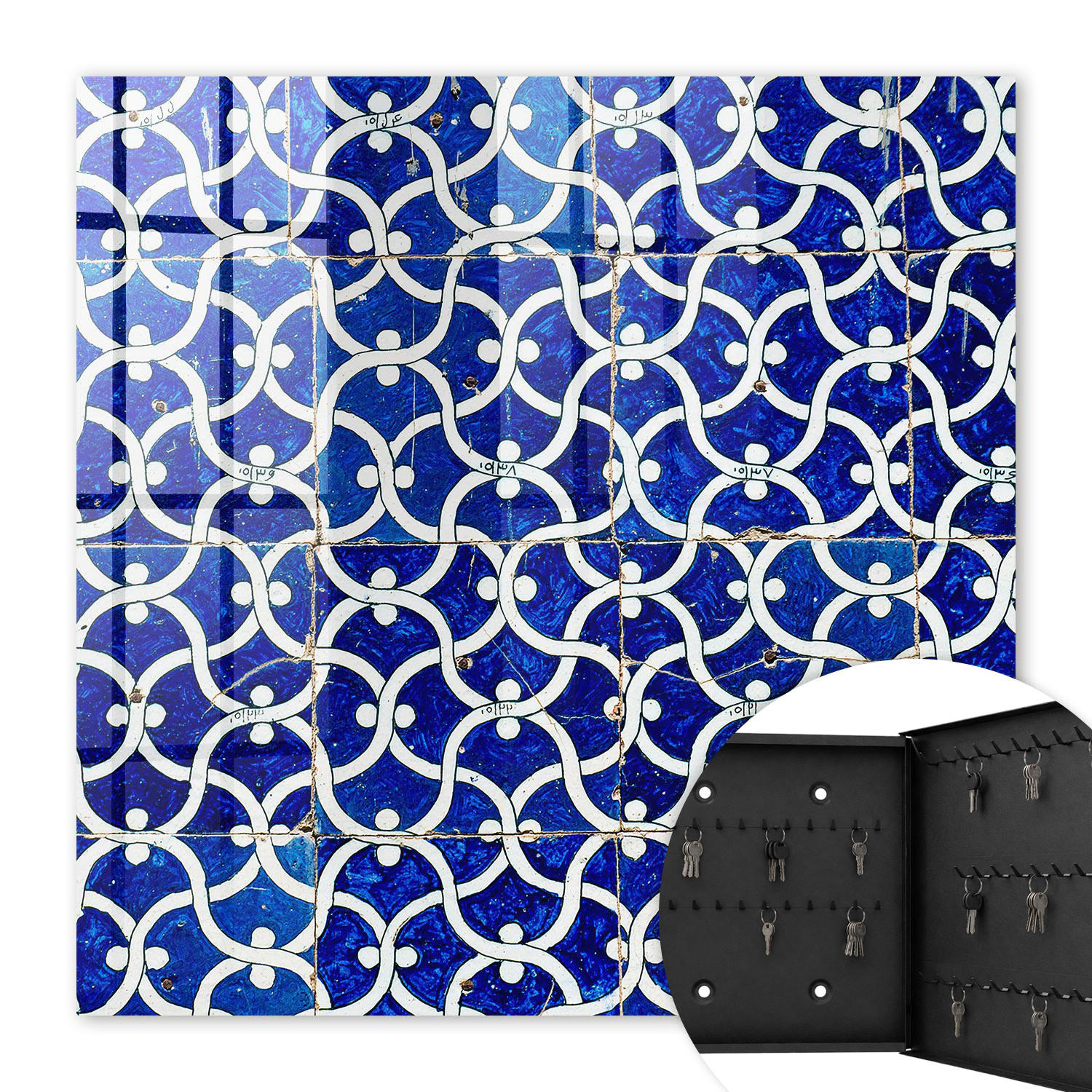 SCHLÜSSELBOX Schwarz 30x30 cm- Türöffnung nach rechts - Geometrische Fliesen - Blau, Metall (30/30/5cm) - TULUP