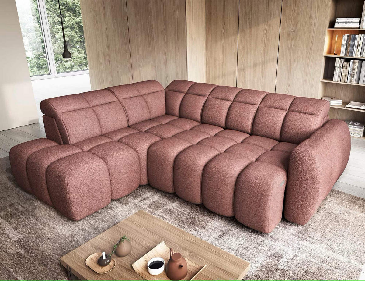 ECKSOFA mit elektrischem Sitzvorschub, Bettkasten und verstellbare Kopflehnen - Rosa, Naturmaterialien/Textil (258/208cm) - Eltap