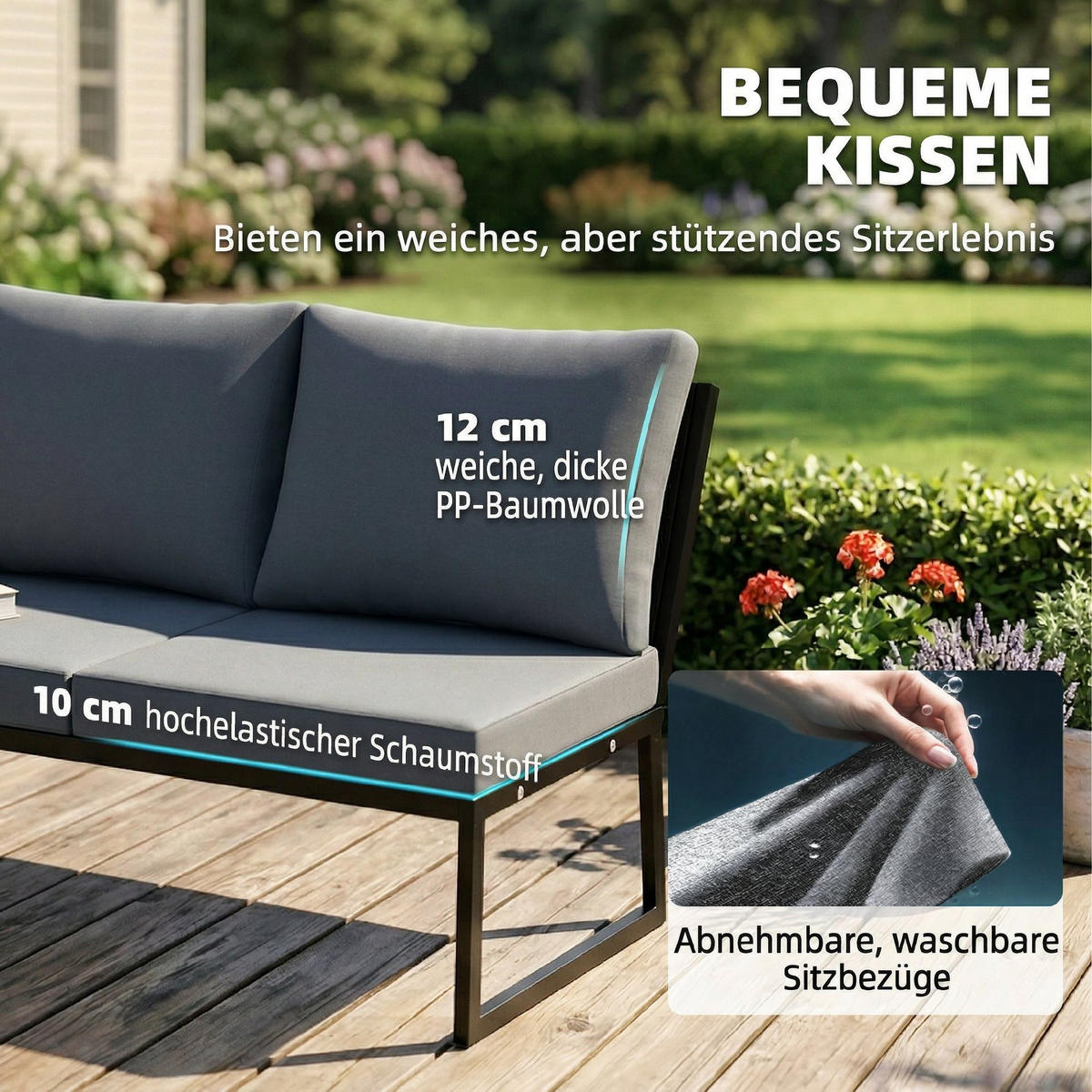 TERASSENMÖBELSET 4-teilig aus Kunststoff Holz Verbundstoff Teak - Schwarz/Grau, Textil/Metall - Outsunny