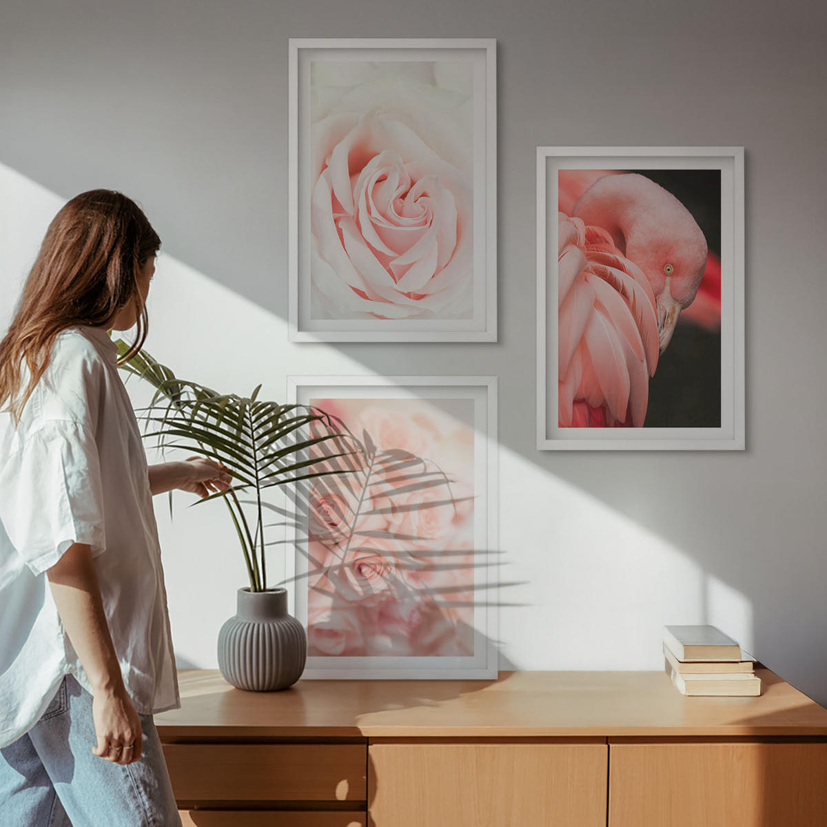 WANDBILDER 3er-Set - 40x60 cm Weißer Rahmen - Zartrosa Flamingos - Weiß, Kunststoff (40/60cm) - ArtPrintCave