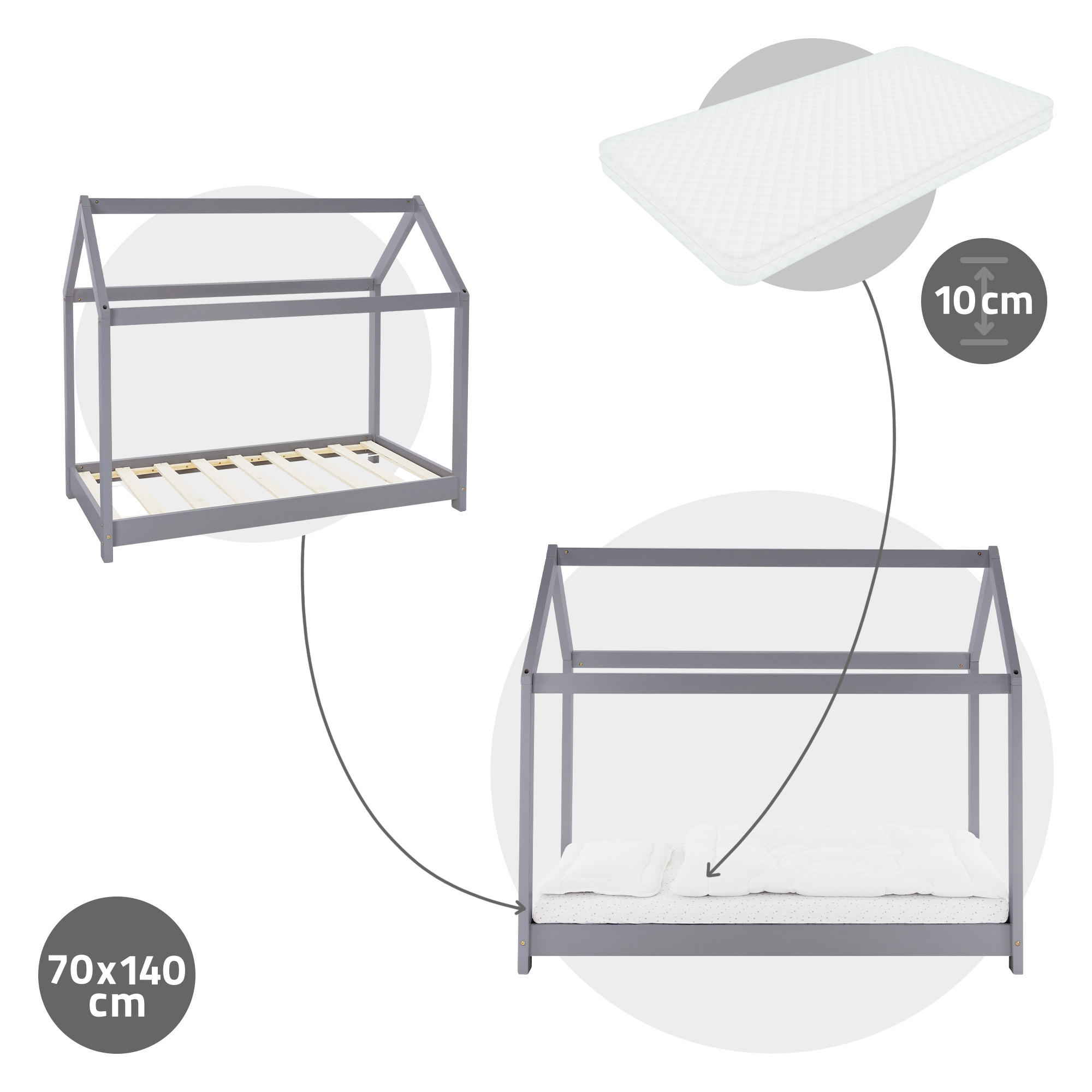 KINDERBETT mit Dach und Matratze 70x140 cm Hellgrau - Hellgrau, Holz (70/140cm) - ML-DESIGN