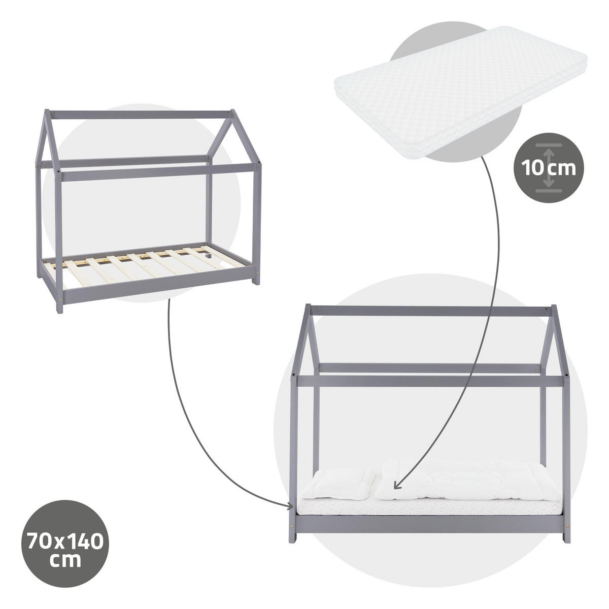 KINDERBETT mit Dach und Matratze 70x140 cm Hellgrau - Hellgrau, Holz (70/140cm) - ML-DESIGN