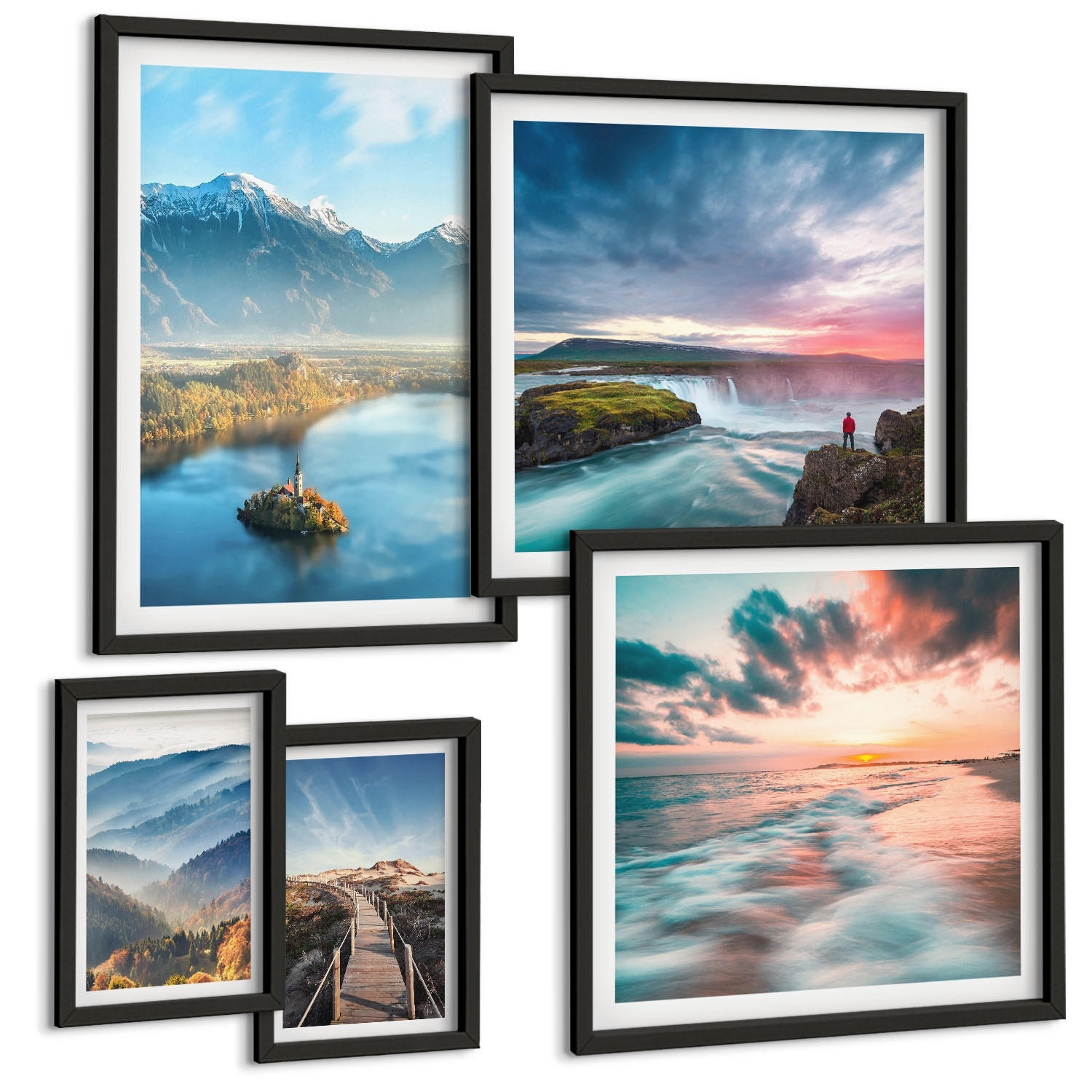 BILDER SET 5er Set - 50x50 cm & 20x30 cm & 40x60 cm Schwarzer Rahmen - Berglandschaften, Wasserfälle - Schwarz, Kunststoff (40/60cm) - TULUP
