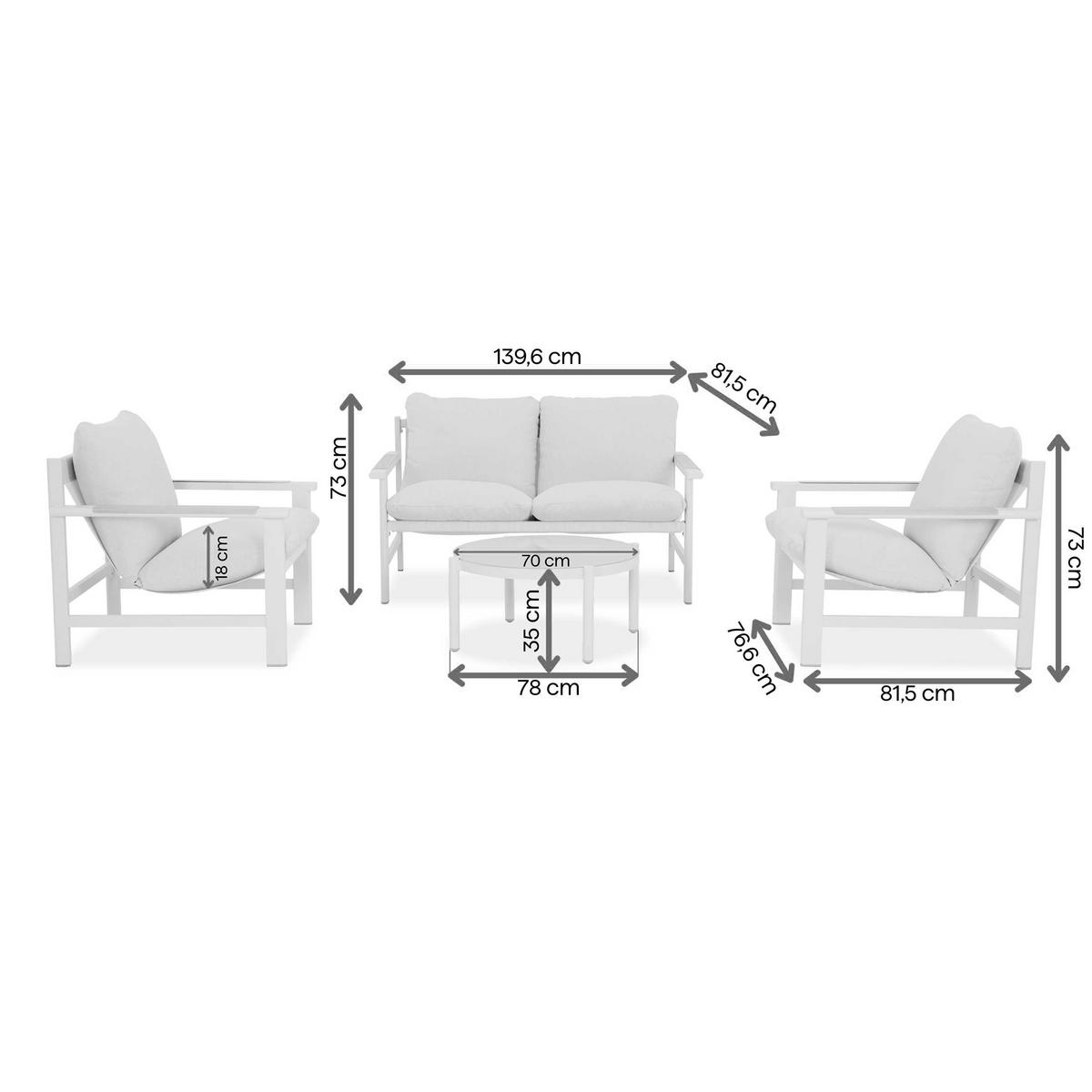 GARTENSET Aspen aus Metall, 2 Sessel + 2-Sitzer Sofa + Couchtisch, Grau - Grau, Metall - Beautysofa
