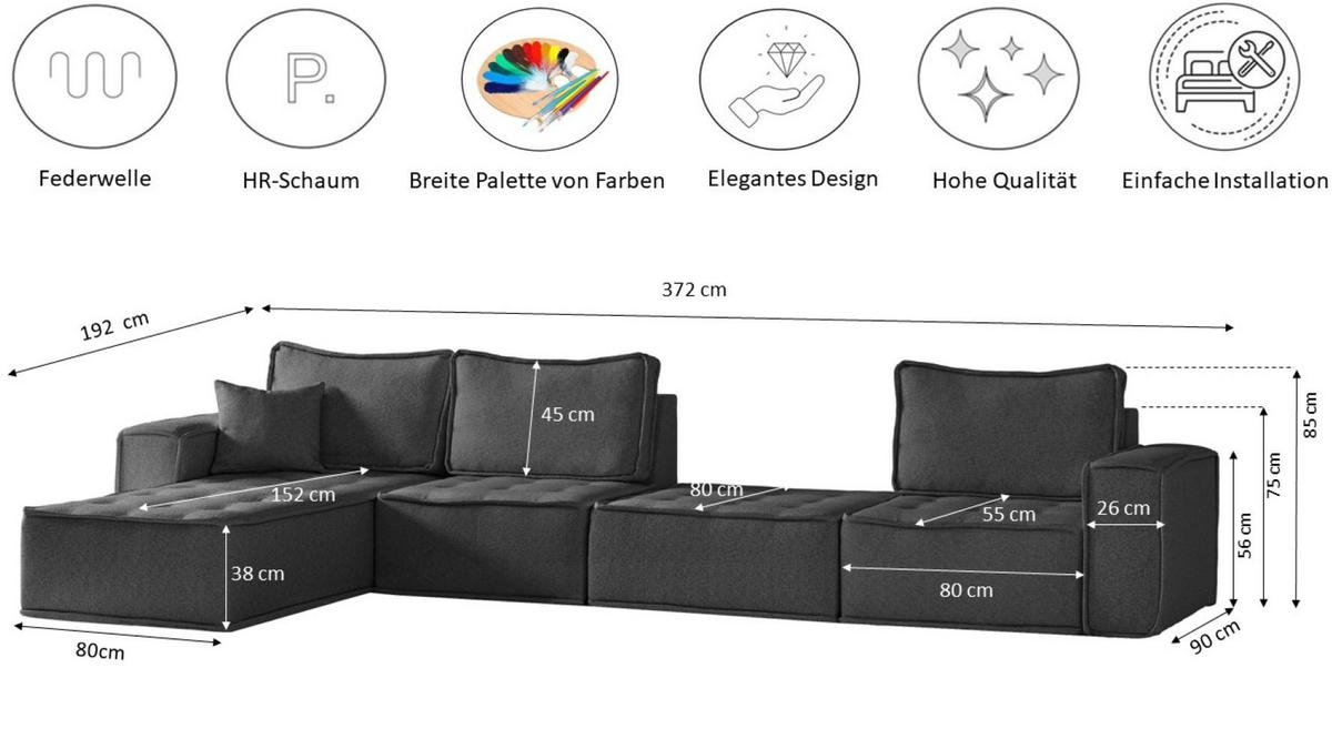 BOHOO modulare Ecke XL Graphit Rechts - Graphitfarben, Holz (382/192cm) - Kaiser Möbel