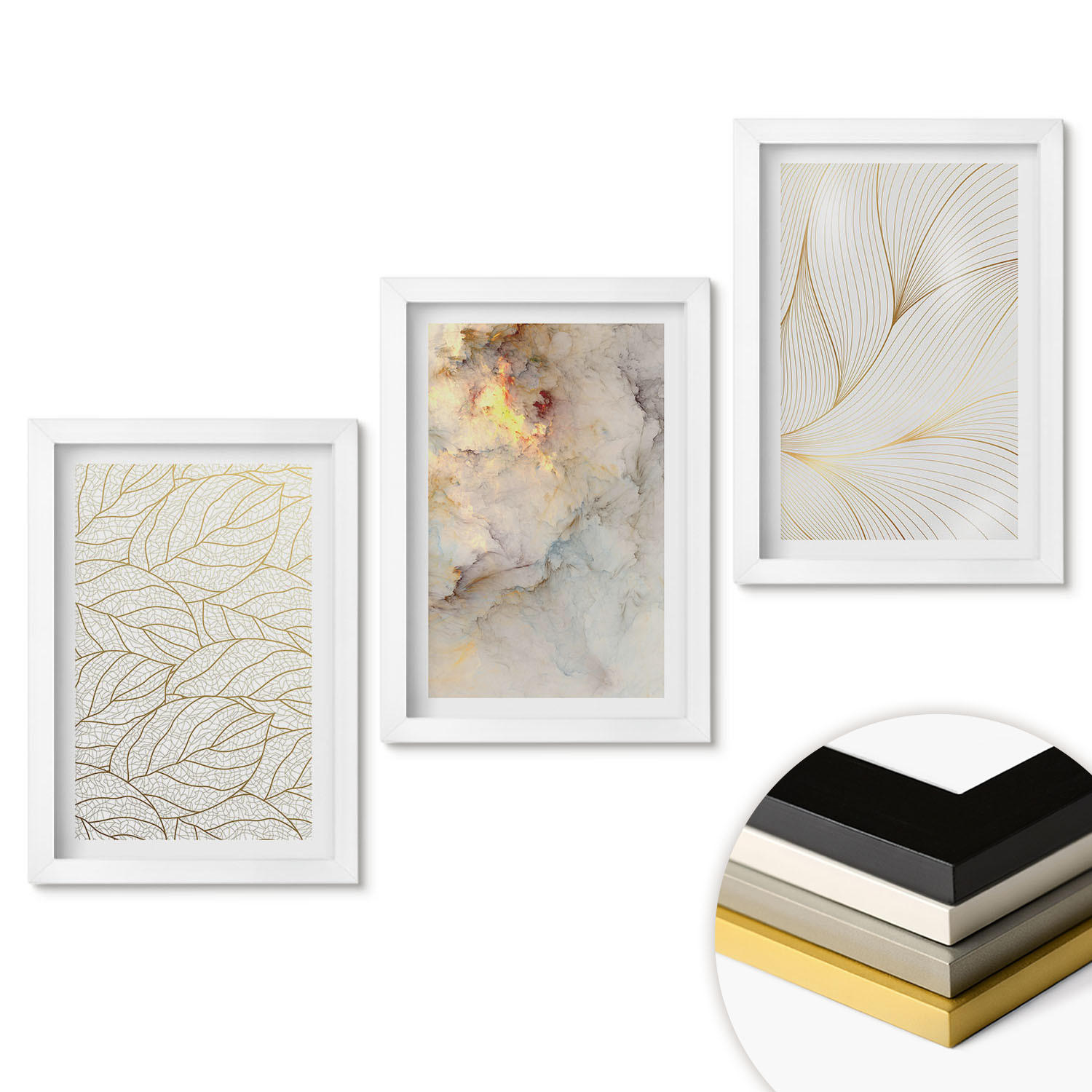 WANDBILDER 3er-Set - 20x30 cm Weißer Rahmen - Blättermuster Marmor abstrakt - Weiß, Kunststoff (20/30cm) - ArtPrintCave