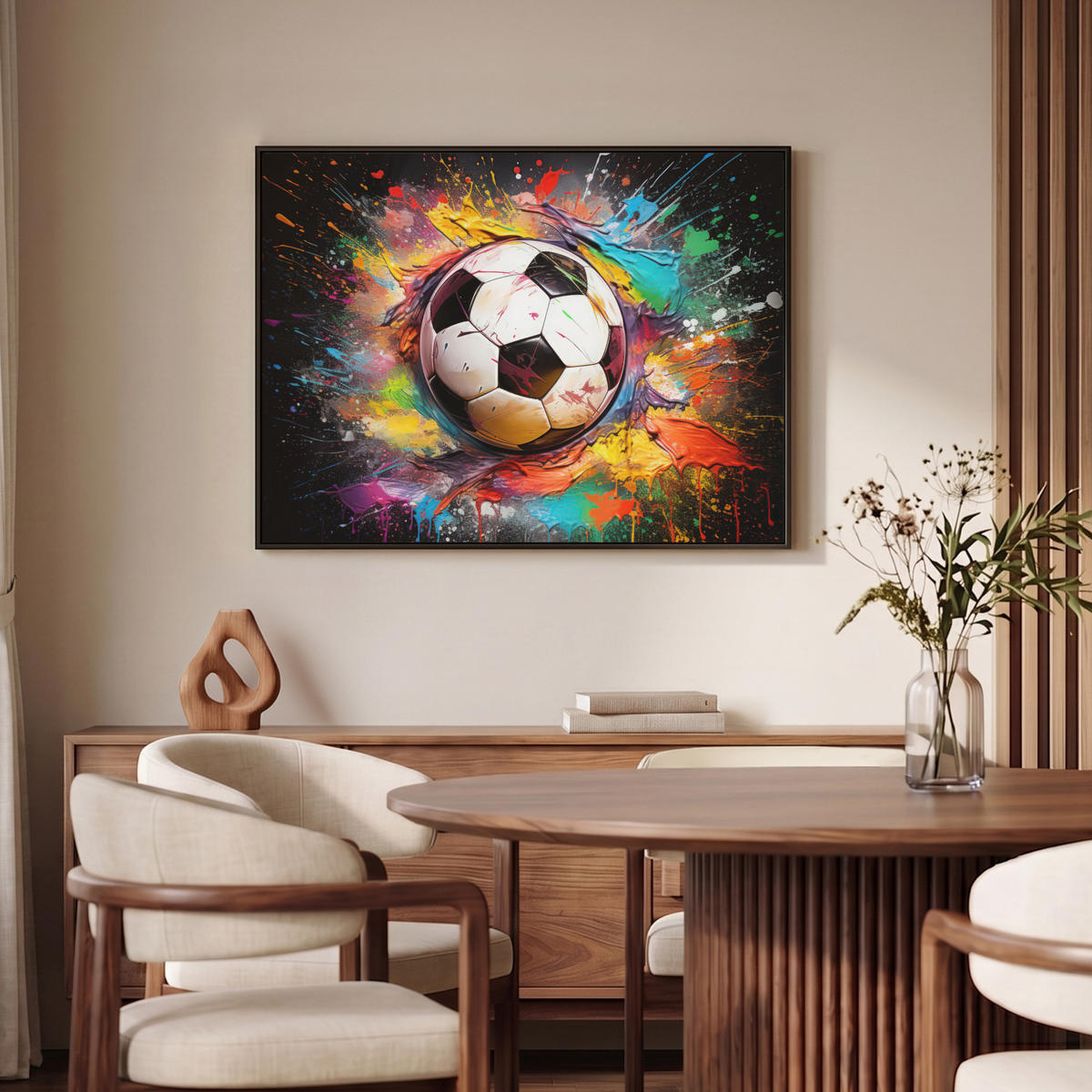 LEINWAND Bilder mit Rahmen - Fußball - Farbe - Farben - Schwarz - Weiß - 100x70 - Weiß, Textil (100/70cm) - MuchoWow