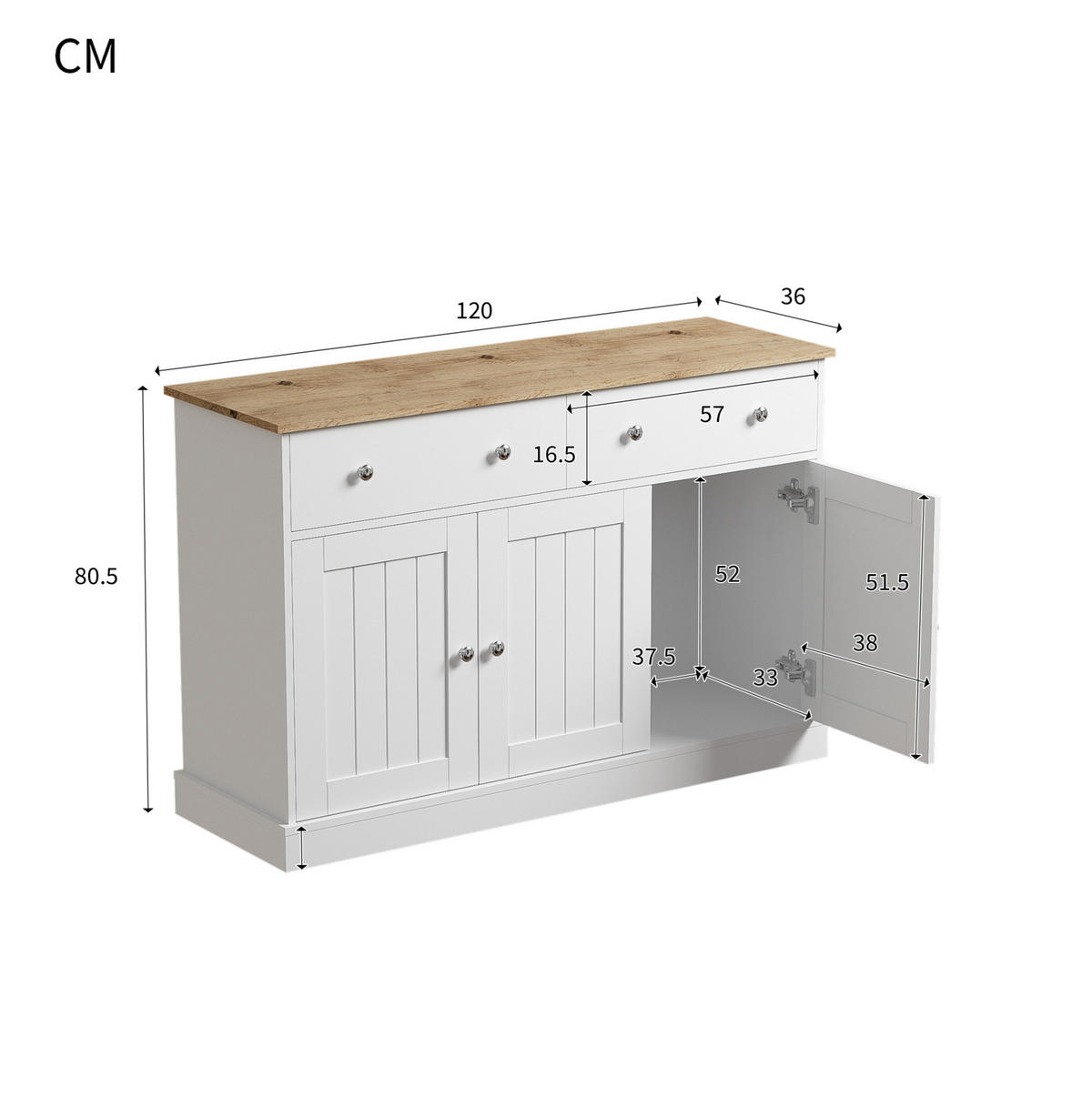 SIDEBOARD 120/36/80,5 cm Weiß/Holzfarbe aus Spanplatte mit 3 Türen - Weiß, Holzwerkstoff (120/80.5/36cm) - OKWISH