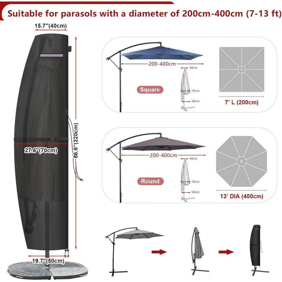 AMPELSCHIRM Abdeckung 220 cm Wasserdicht mit Belüftungsöffnung Textil - Schwarz, Textil (40/220/220cm)