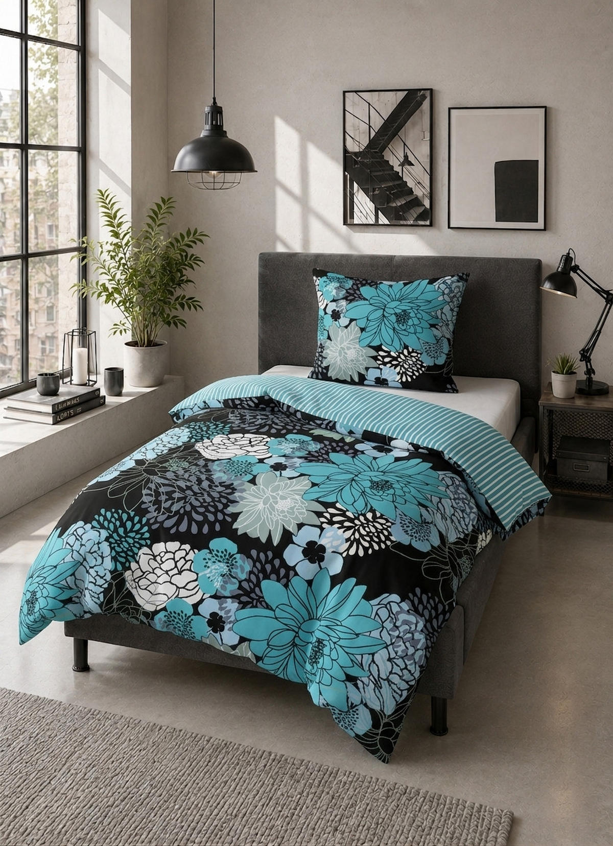 BETTWÄSCHE-GARNITUR Renforcé Blumen türkis, 135x200 cm + 80x80 cm - Türkis, Textil (135/200cm) - Castell